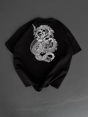 Aesco Baskılı Oversize Bisiklet Yaka T-Shirt - Siyah