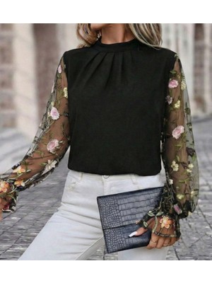 Aesco Kadın Uzun Kollu Yarı Balıkçı Yaka Tül Detaylı Ithal Krep Bluz