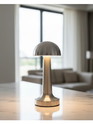 Astraltech Krom Mantar Masa Lambası Dokunmatik 3 Renk LED Şarjlı Taşınabilir Gece Lambası