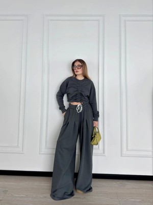 Aesco Uzun Kollu Önü Ip Büzgülü Crop ve Pantolon Ikili Takım - Antrasit