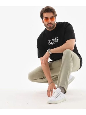 Aesco Unisex Bisiklet Yaka Baskılı Oversize T-Shirt - Siyah