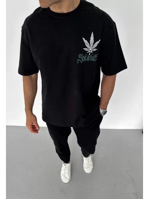 Aesco Unisex Bisiklet Yaka Baskılı Oversize T-Shirt - Siyah