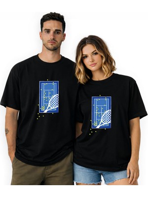 Kidilia Tenis Kortu Görselli Unisex Bisiklet Yaka Tasarım Tshirt - Beden: Srenk: Siyah