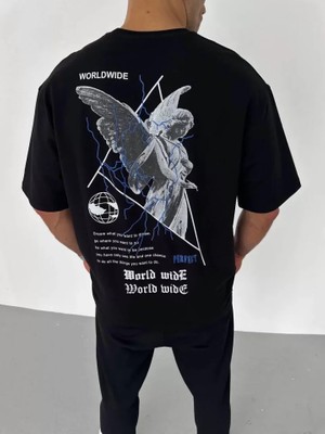 Aesco Unisex Bisiklet Yaka Baskılı Oversize T-Shirt - Siyah