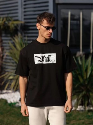 Aesco Unisex Bisiklet Yaka Baskılı Oversize T-Shirt - Siyah