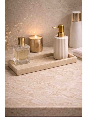 Marbello Traverten Dekoratif Tepsi 30X12 cm Bej Mermer Banyo Kahve Köşesi Mum Tütsü Standı
