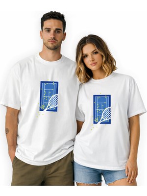 Kidilia Tenis Kortu Görselli Unisex Bisiklet Yaka Tasarım Tshirt - Beden: Srenk: Beyaz