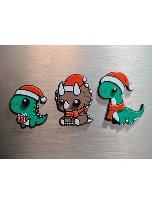 ADA 3D Noel Şapkalı Sevimli Dinozor T-Rex Triceratops Yılbaşı Süsü Dekoratif Buzdolabı Magneti