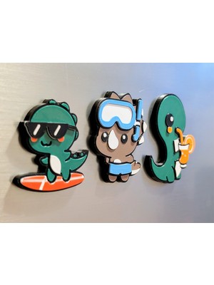 ADA 3D Yaz Tatili Konseptli Sörf Yapan Kokteyl Içen Dinozor Süsü Buzdolabı Magneti