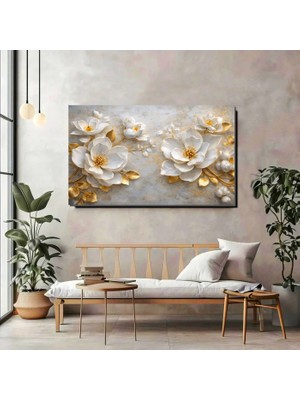Artprinta Altın Detaylı Beyaz Çiçekler Kanvas Tablo – Lüks ve Zarif Duvar Dekorasyonu