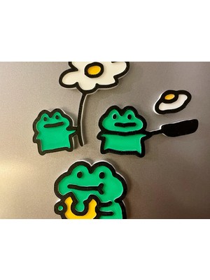 ADA 3D Yumurta Pişiren Çiçek Tutan Sevimli Yeşil Kurbağa Seti Buzdolabı Magneti