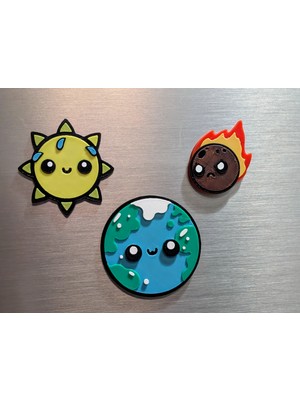 ADA 3D Sevimli Güneş Mutlu Dünya Kızgın Meteor Uzay Temalı Eğlenceli Buzdolabı Magneti