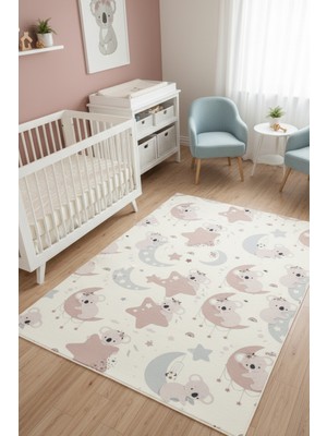 The Reef Design Sevimli Koala Figürlü Halı Pastel  Bej Renkli Dijital Baskılı Kaymaz Tabanlı  Bebek ve Çocuk Halısı