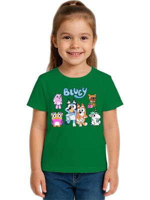 Sedirli Unisex Bluey Baskılı Çocuk Tişört Pamuklu Penye Kumaş