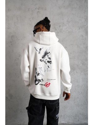 Glam Love Şapkalı Güvercin Baskılı Kapşonlu Sweat - Beyaz -