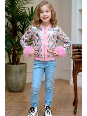 Riccotarz Kız Çocuk Pullu Zikzak Desenli Kürklü Ceket ve Kot Pantolon Pembe Alt Üst Takım