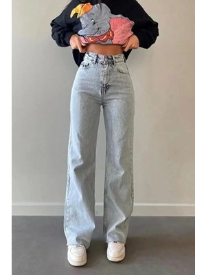 Arvib Yüksek Bel Vintage Yıkama Bol Paça Jean Buz Mavi Loose Fit Denim Pantolon