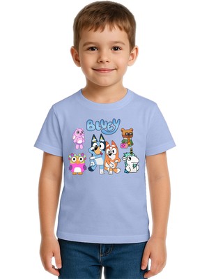 Sedirli Unisex Bluey Baskılı Çocuk Tişört Pamuklu Penye Kumaş