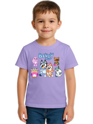 Sedirli Unisex Bluey Baskılı Çocuk Tişört Pamuklu Penye Kumaş