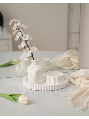 Lenisa Home Lenisa Taş Tozu 3'lü Set Vazo,mumluk ve Alt Tabak Süs Dekor