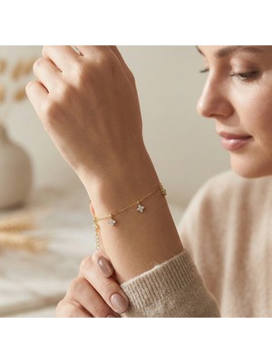 Vaoov 925 Ayar Gümüş Gold Minimal Çiçek Bileklik