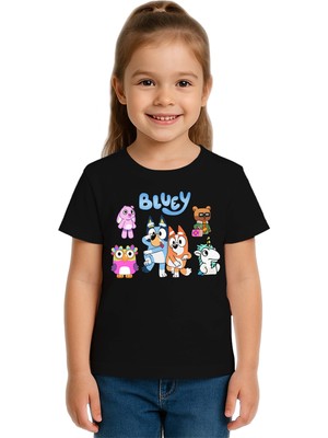 Sedirli Unisex Bluey Baskılı Çocuk Tişört Pamuklu Penye Kumaş