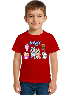 Sedirli Unisex Bluey Baskılı Çocuk Tişört Pamuklu Penye Kumaş
