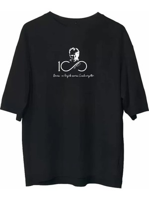 Aesco Unisex Bisiklet Yaka Baskılı Oversize T-Shirt - Siyah