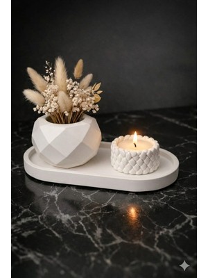 Lenisa Home Lenisa Taş Tozu Geometrik Desen 3'lü Set Mumluk ve Alt Tepsi Dekor Beyaz