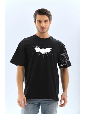 Aesco Unisex Ön ve Kol Baskılı Oversize T-Shirt - Siyah