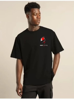 Aesco Unisex Bisiklet Yaka Baskılı Oversize T-Shirt - Siyah