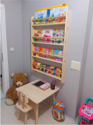 Özgürce 3'lü Ahşap Montessori Takım: Kitaplık, Masa ve Sandalye Seti