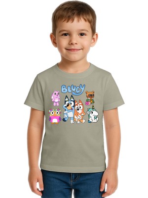Sedirli Unisex Bluey Baskılı Çocuk Tişört Pamuklu Penye Kumaş