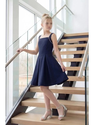 Kız Çocuk Abiye Lacivert Krep Genç Kız Sırt Dekolteli Kordon Taş  Detaylı Modern Abiye Elbise 10-15 Yaş