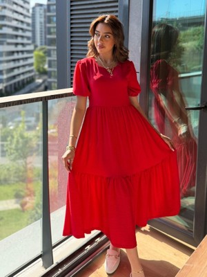 Aesco Kadın Kısa Kollu Yakası Açık Katlı Bürümcük Balon Elbise