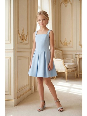 Butik Happy Kids Kız Çocuk Abiye Bebe Mavi Krep Genç Kız Sırt Dekolteli Kordon Taş  Detaylı Modern Abiye Elbise 10-15 Yaş