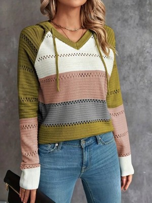 Aesco Kadın Uzun Kollu V Yakalı Bağcıklı Kapşonlu Triko Bluz