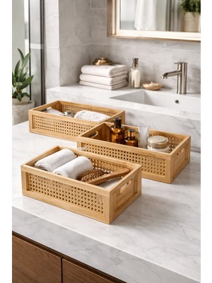 Tuğra Store Lüx Tasarım 3 Lü Bambu Organizer Makyaj Saklama Kutusu ve Çok Amaçlı Saklama Kutuları