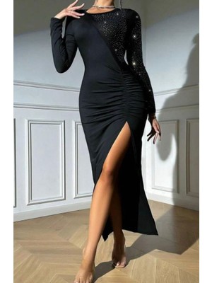 Aesco Kadın Krep Dalgıç Kumaş Taş Aksesuarlı Yırtmaç Detaylı Uzun Kollu Elbise