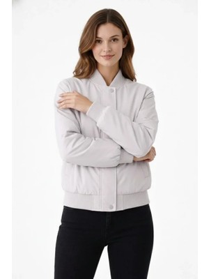 Aesco Premium Bomber Ceket Çıtçıt Kapamalı, Ribana Manşetli, Astarlı, Regular Fit Mont - Beyaz