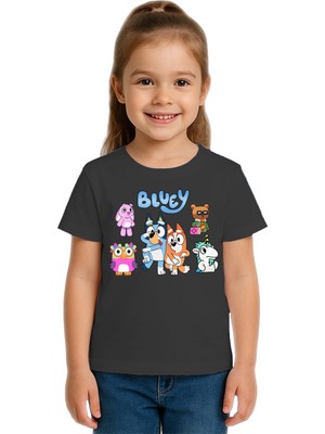 Sedirli Unisex Bluey Baskılı Çocuk Tişört Pamuklu Penye Kumaş
