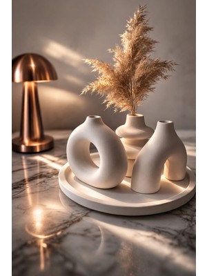 Lenisa Home Lenisa Iskandinav Tarzı Taş Tozu 4'lü Set Bohem Vazolar ve Alt Tabak Dekoratif Süs Beyaz