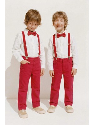 Magu Erkek Çocuk Pamuklu Kırmızı Pantolonlu Askılı Papyonlu Gömlek Takım 23 Nisan