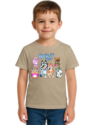 Sedirli Unisex Bluey Baskılı Çocuk Tişört Pamuklu Penye Kumaş