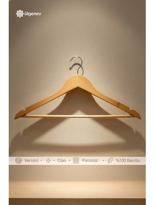 Ülgenev 3 Adet Premium Vernikli Ahşap Bambu Askı – Cilalı Bambu Ahşap Elbise ve Pantolon Düzenleyici Askı