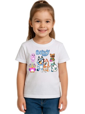 Sedirli Unisex Bluey Baskılı Çocuk Tişört Pamuklu Penye Kumaş