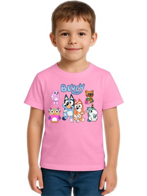 Sedirli Unisex Bluey Baskılı Çocuk Tişört Pamuklu Penye Kumaş
