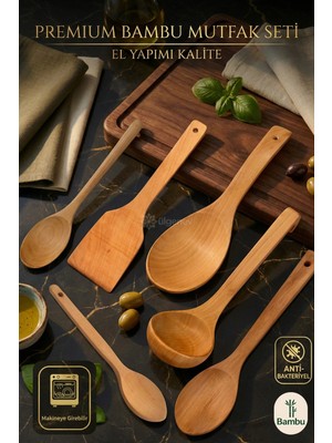 Ülgenev 6'lı Vernikli Bambu & Kayın Mutfak Seti - Spatula, Küçük, Orta, Büyük Kaşık, Pilav Kaşığı, Kepçe