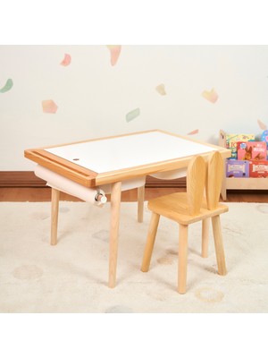 Özgürce Ahşap Montessori Aktivite Masası, 2 Sepetli, Beyaz/kara Tahtalı, Kişiselleştirilebilir