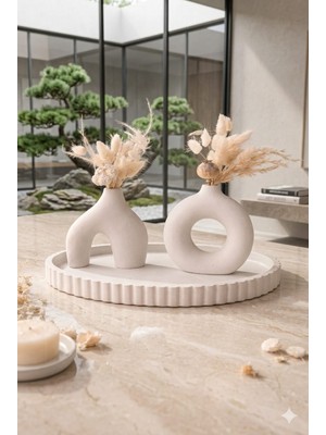 Lenisa Home Lenisa Iskandinav Tarzı Taştozu 3 Lü Set Vazo ve Dekor Tepsi Süs Beyaz